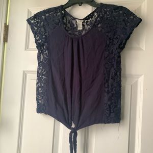 Navy blue lace back front tie shirt